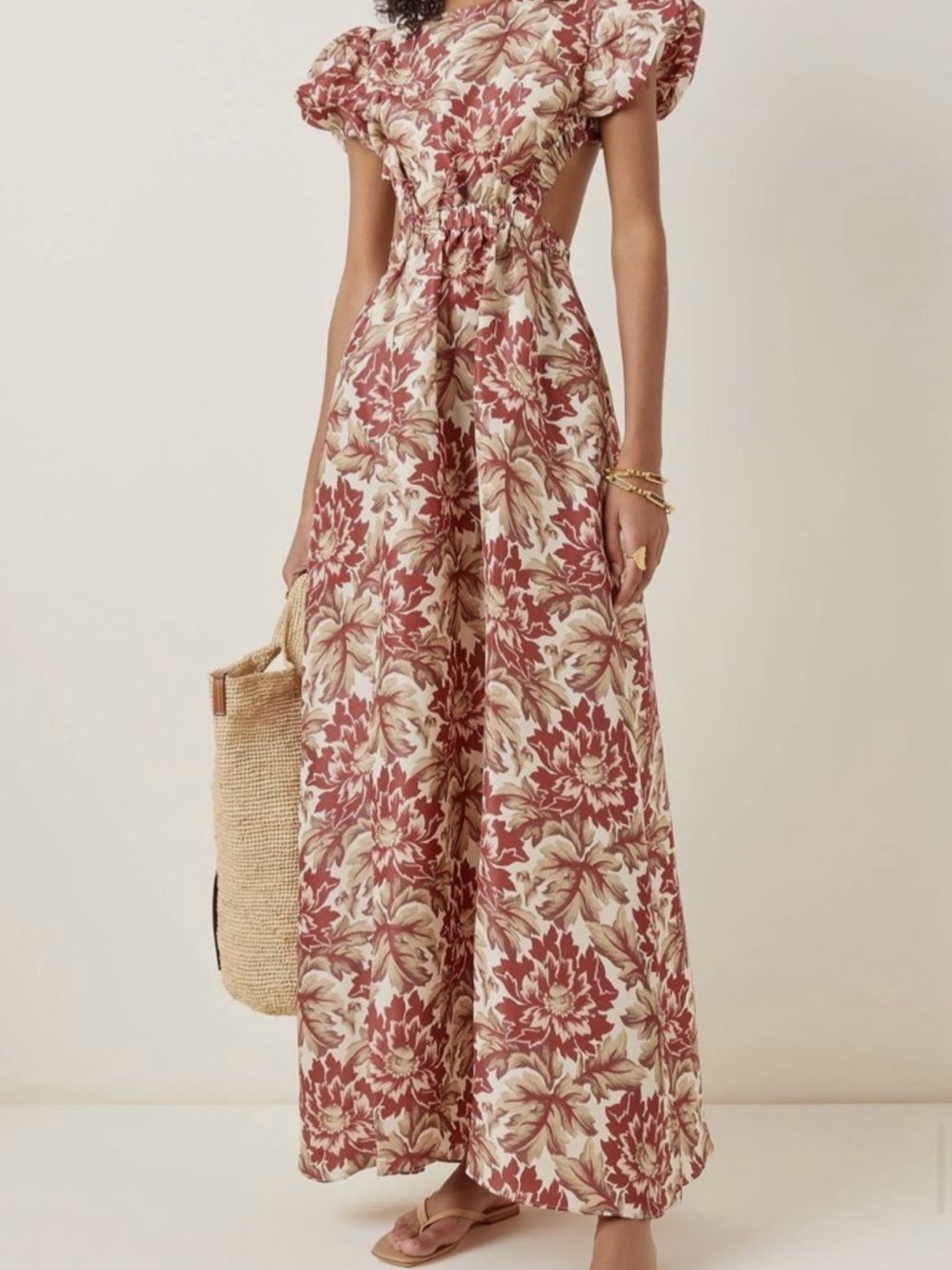 Sir Valletta Silk Taffeta Maxi Dress / Floral Puff Sleeve Open Back Gown Size 6